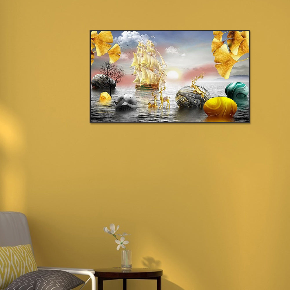 Golden Deer Ginkgo Leaf - Full Round Drill Diamond Painting 70*40CM