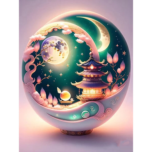 Tower And Full Moon - Full Round Drill Diamond Painting 30*40CM
