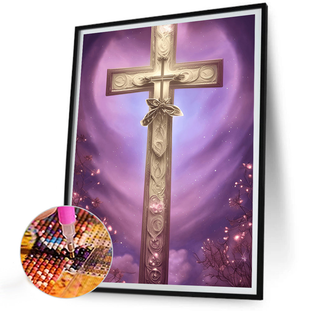 Pink Purple Skyline Cross Faith - Full Round Drill Diamond Painting 30*40CM