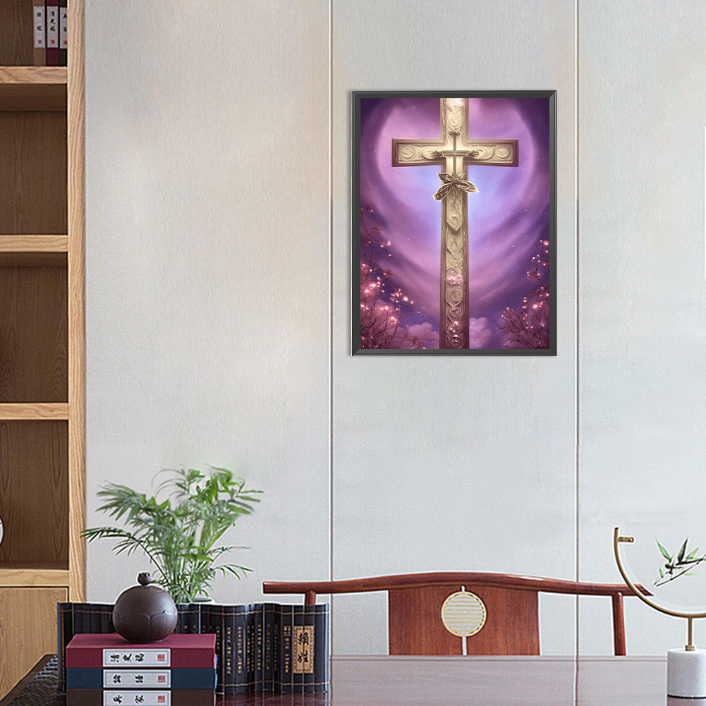 Pink Purple Skyline Cross Faith - Full Round Drill Diamond Painting 30*40CM