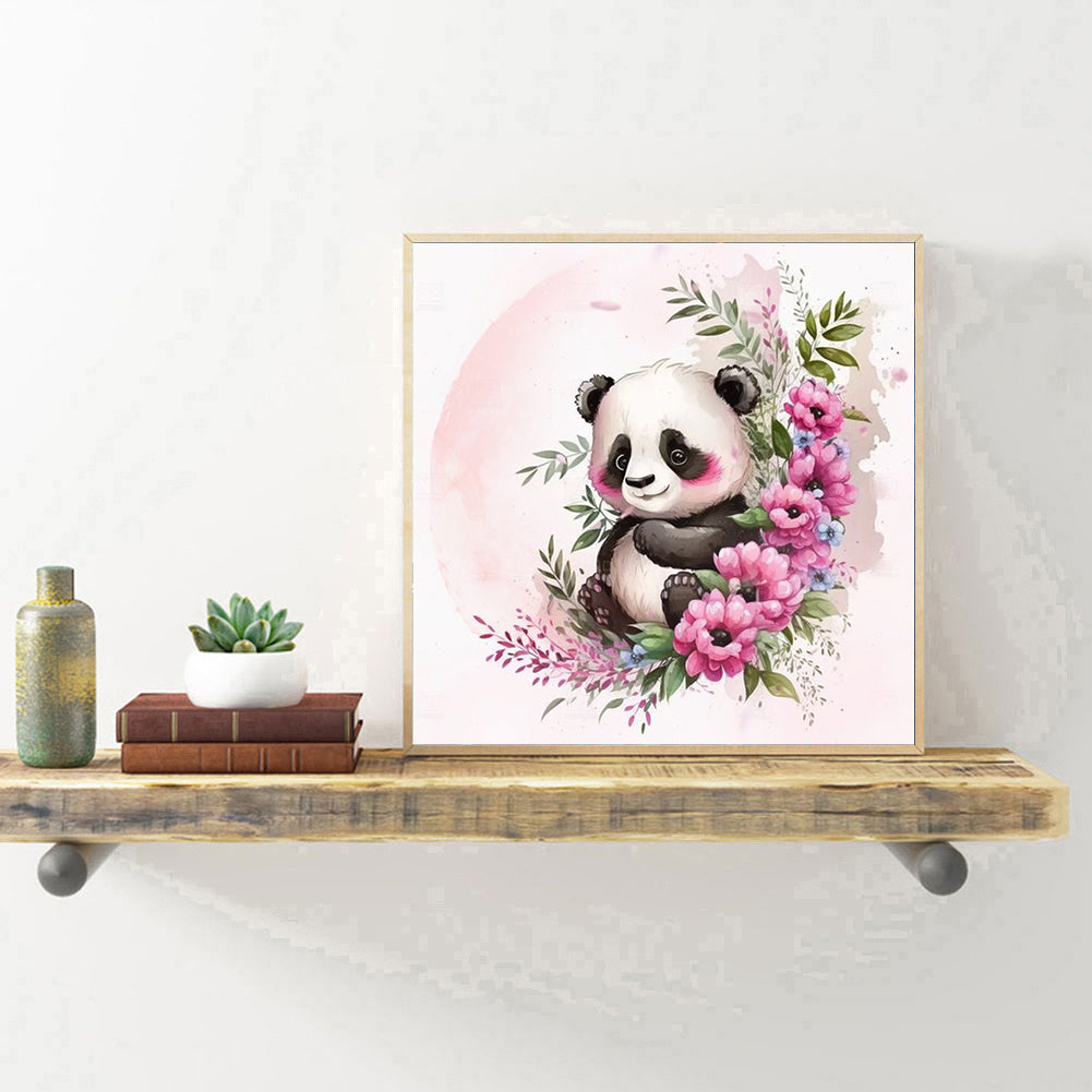 Panda Lying On Pink Flower - Full Round Drill Diamond Painting 30*30CM