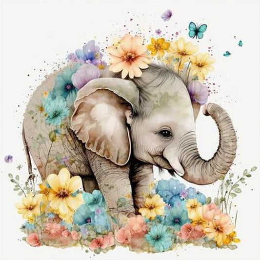 Elephant In The Flowers - Full Round Drill Diamond Painting 30*30CM