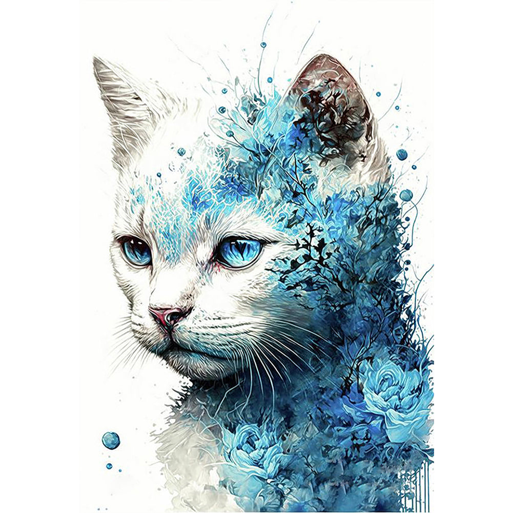 Blue Rose And White Cat - Full Round Drill Diamond Painting 30*40CM