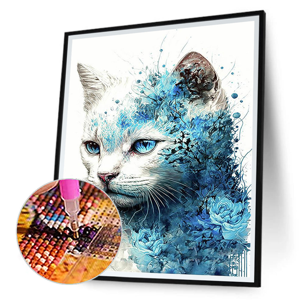 Blue Rose And White Cat - Full Round Drill Diamond Painting 30*40CM