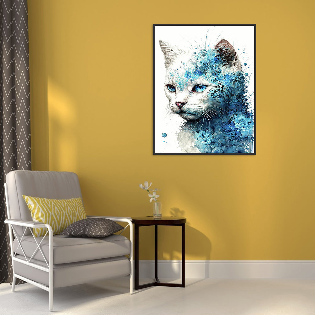 Blue Rose And White Cat - Full Round Drill Diamond Painting 30*40CM