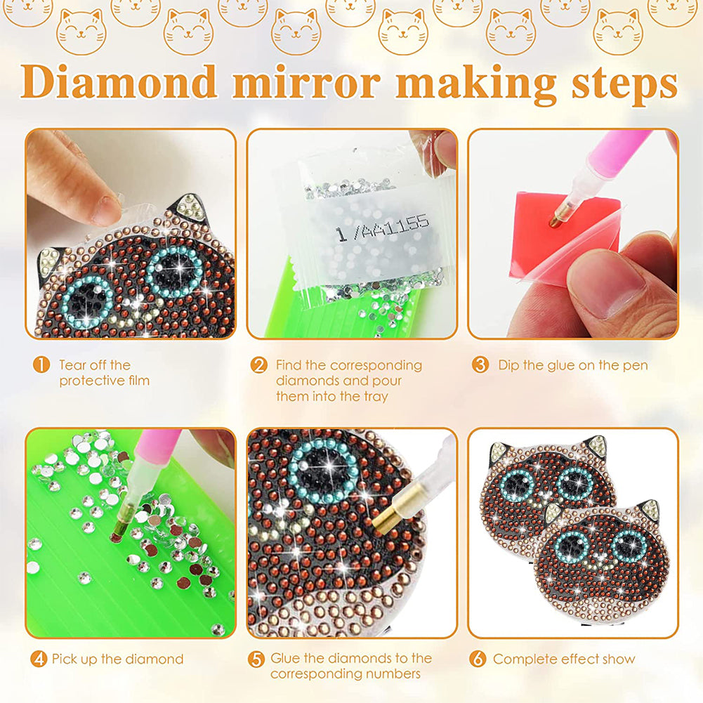 DIY Diamond Art Mosaic Makeup Mirror Paint by Number Kits Cat for Adult and Kids