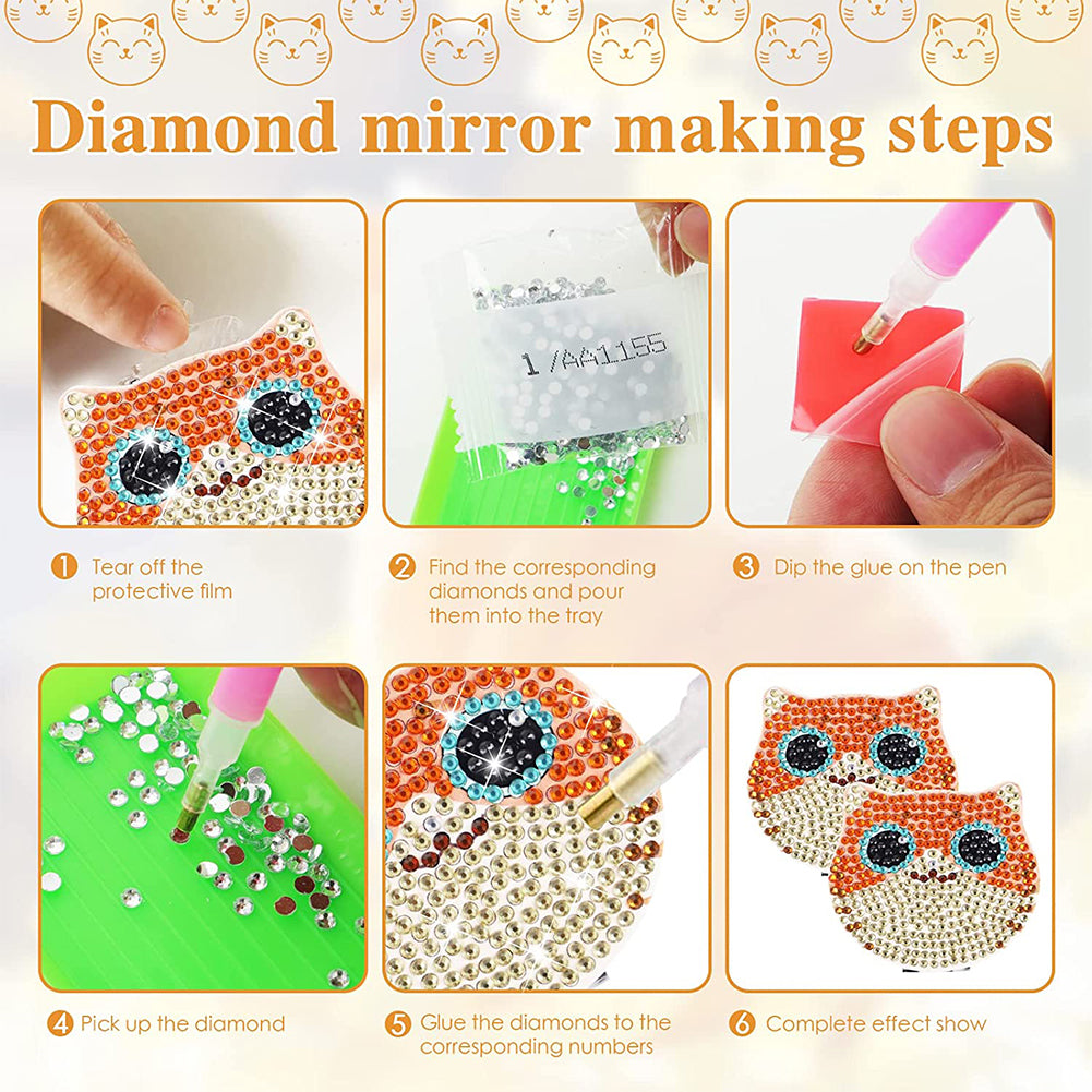 DIY Diamond Art Mosaic Makeup Mirror Paint by Number Kits Cat for Adult and Kids