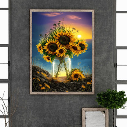 Sunflower Glass Bottle - Full Round Drill Diamond Painting 30*40CM