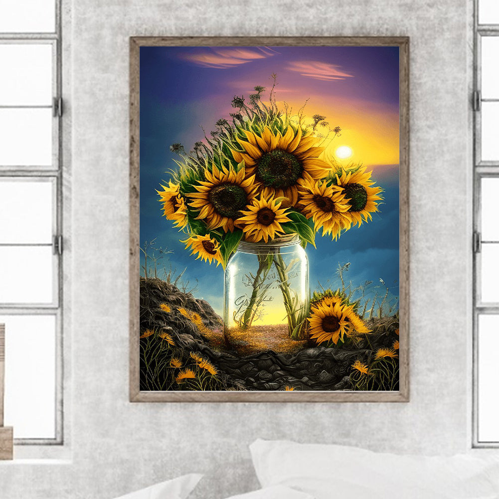 Sunflower Glass Bottle - Full Round Drill Diamond Painting 30*40CM