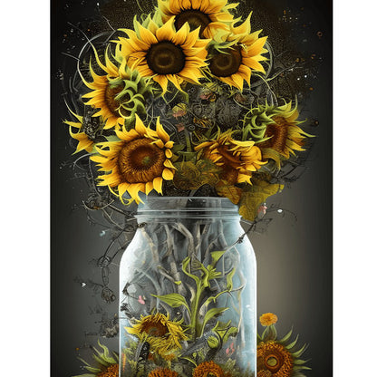 Sunflower Glass Bottle - Full Round Drill Diamond Painting 30*40CM