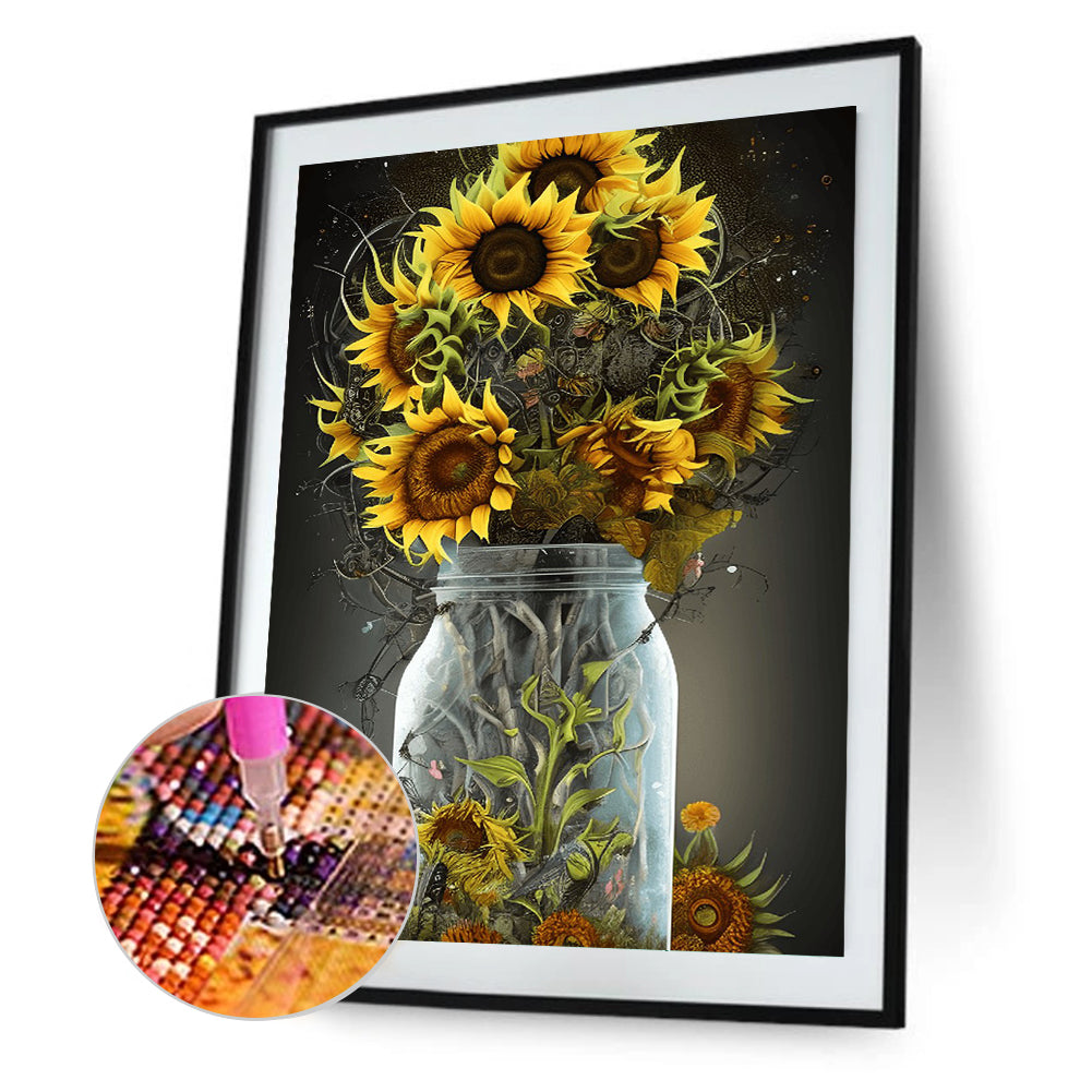 Sunflower Glass Bottle - Full Round Drill Diamond Painting 30*40CM