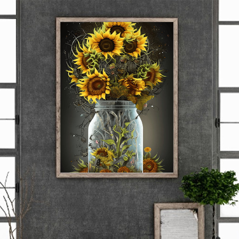 Sunflower Glass Bottle - Full Round Drill Diamond Painting 30*40CM