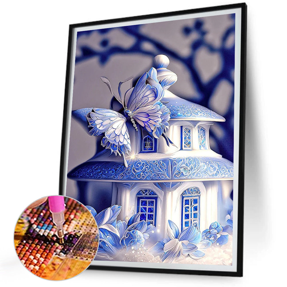 Blue Butterfly House - Full Square Drill Diamond Painting 30*40CM