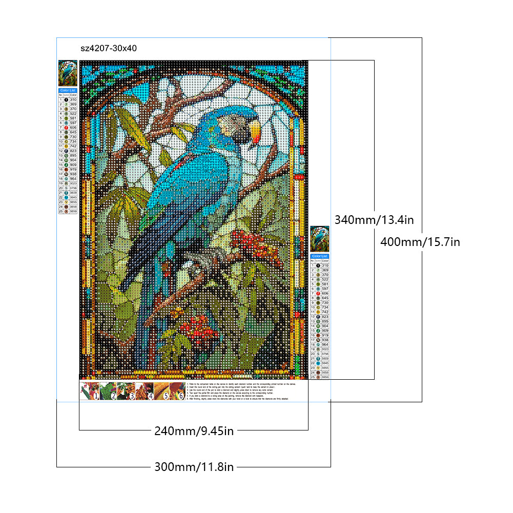 Blue Parrot Glass Painting - Full Round Drill Diamond Painting 30*40CM