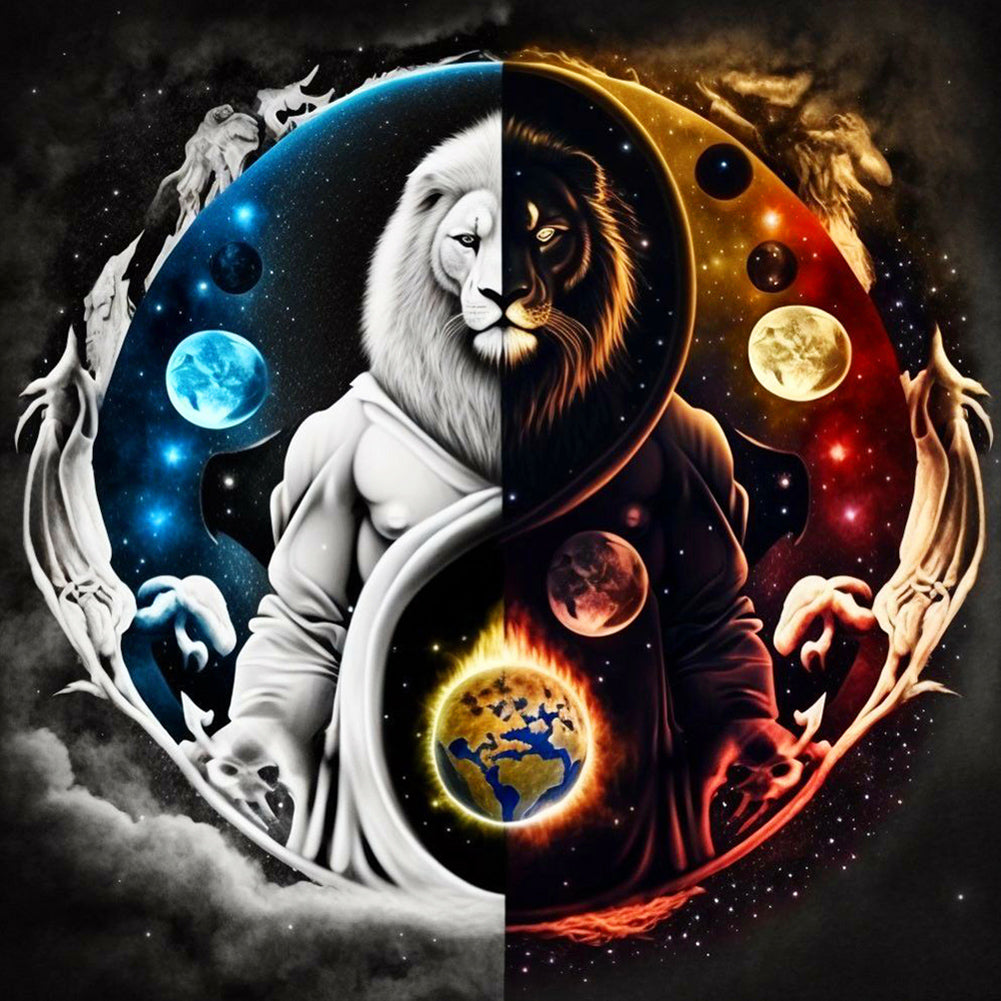 Yin And Yang Bipolar White Lion - Full Round Drill Diamond Painting 30*30CM