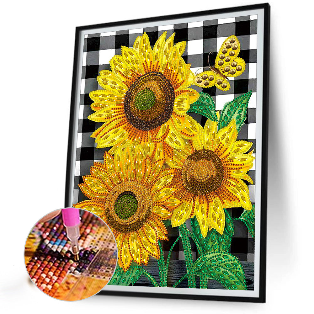 Butterfly Flower Sunflower - Special Shaped Drill Diamond Painting 30*40CM