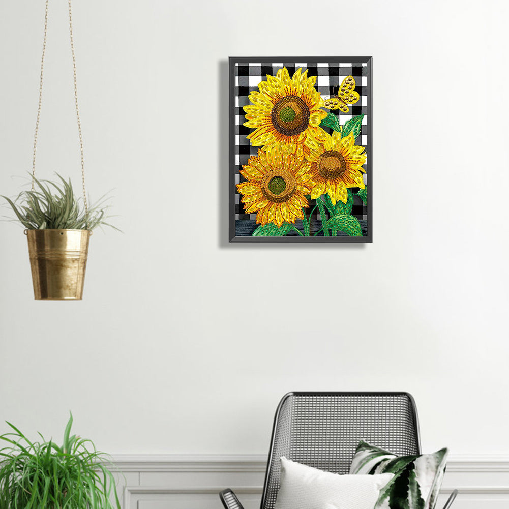 Butterfly Flower Sunflower - Special Shaped Drill Diamond Painting 30*40CM