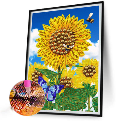 Butterfly Flower Sunflower - Special Shaped Drill Diamond Painting 30*40CM