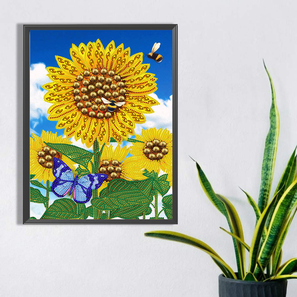 Butterfly Flower Sunflower - Special Shaped Drill Diamond Painting 30*40CM