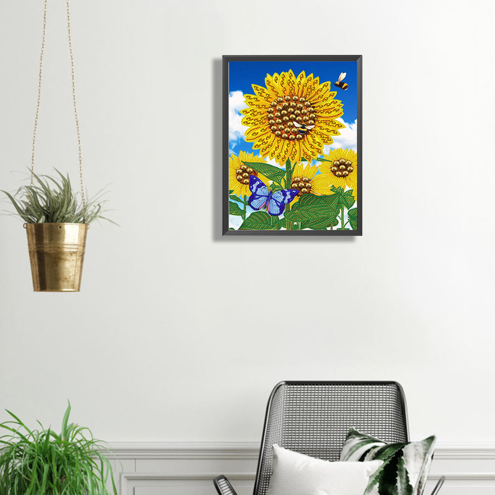 Butterfly Flower Sunflower - Special Shaped Drill Diamond Painting 30*40CM