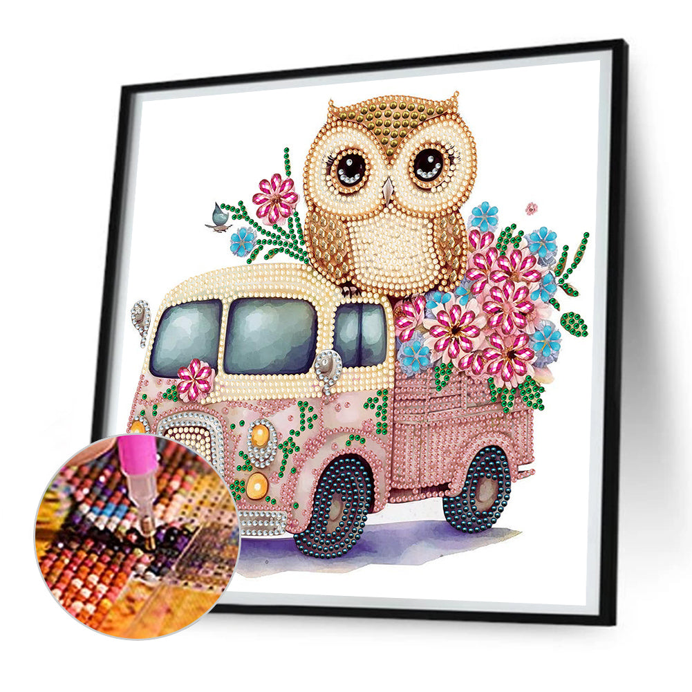 Pink Owl Car - Special Shaped Drill Diamond Painting 30*30CM