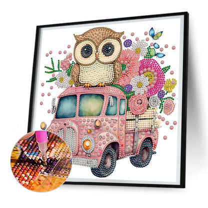 Pink Owl Car - Special Shaped Drill Diamond Painting 30*30CM