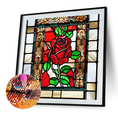 Stained Glass Art Red Rose - Full Round Drill Diamond Painting 40*40CM