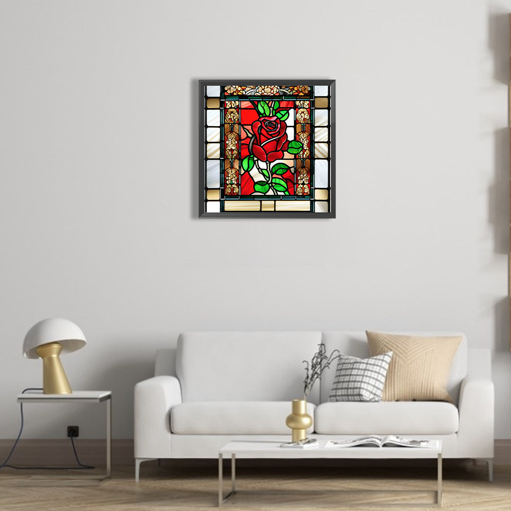 Stained Glass Art Red Rose - Full Round Drill Diamond Painting 40*40CM