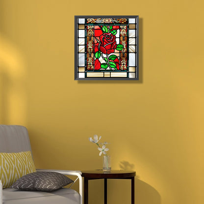 Stained Glass Art Red Rose - Full Round Drill Diamond Painting 40*40CM