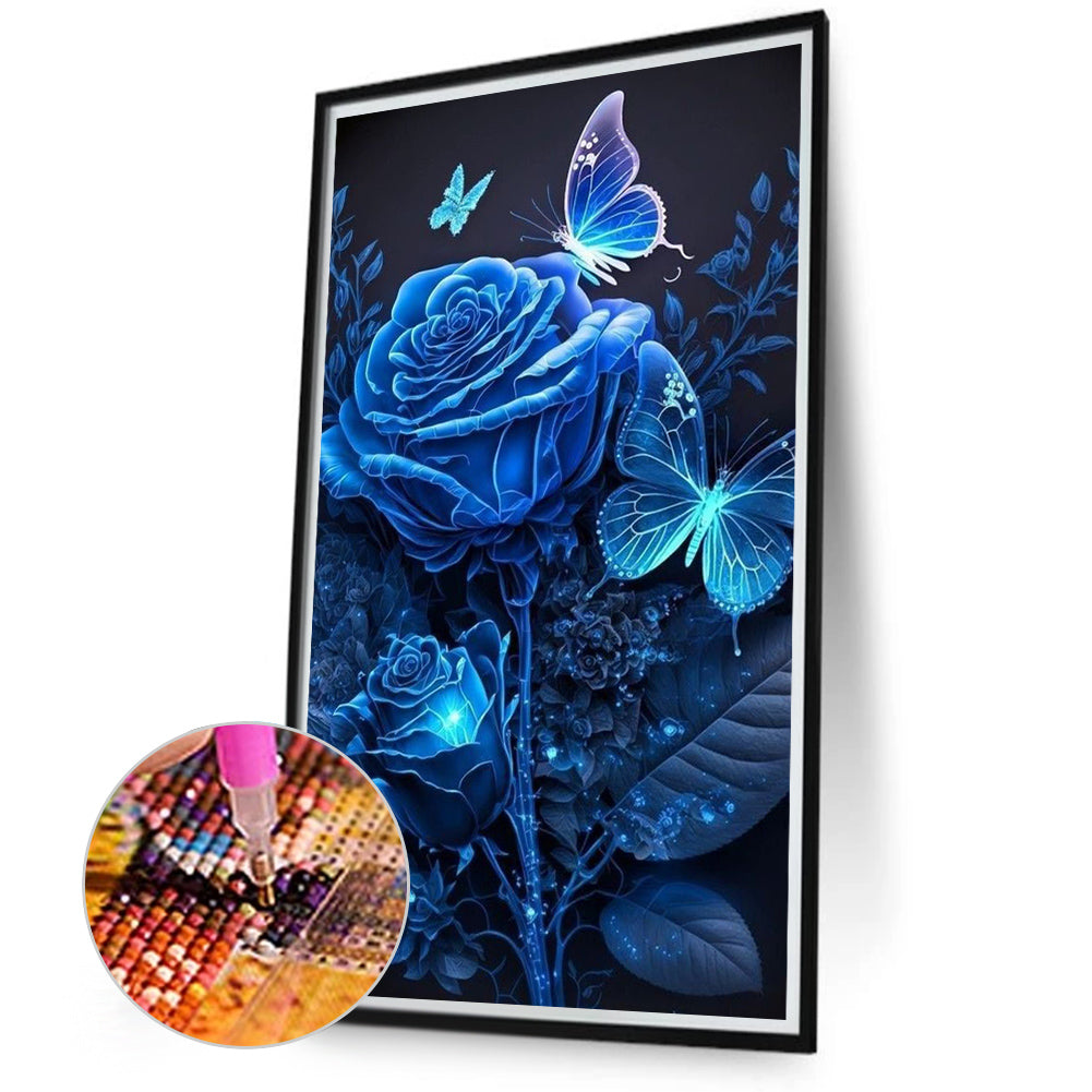 Ice Blue Butterfly Rose - Full Round Drill Diamond Painting 40*70CM