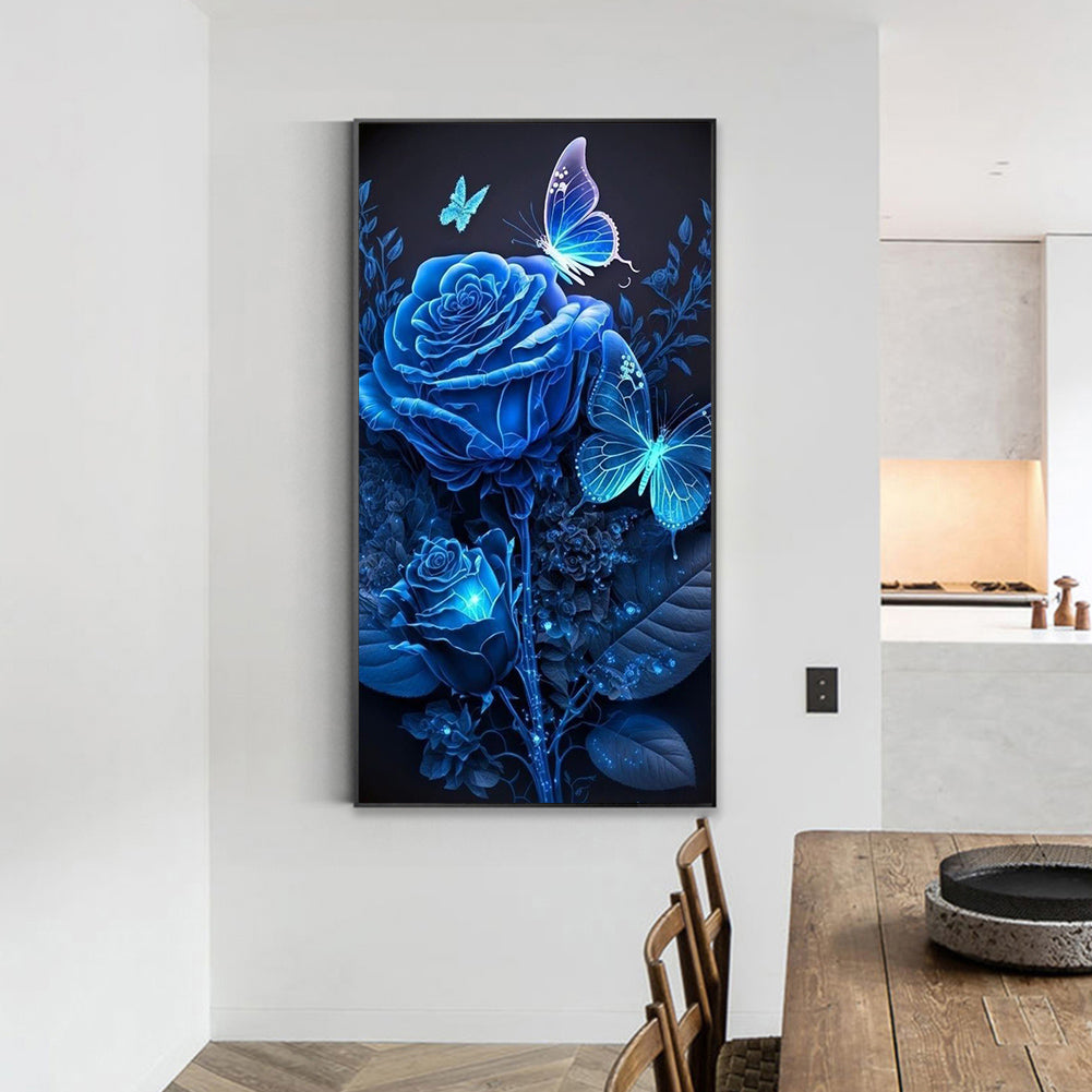 Ice Blue Butterfly Rose - Full Round Drill Diamond Painting 40*70CM