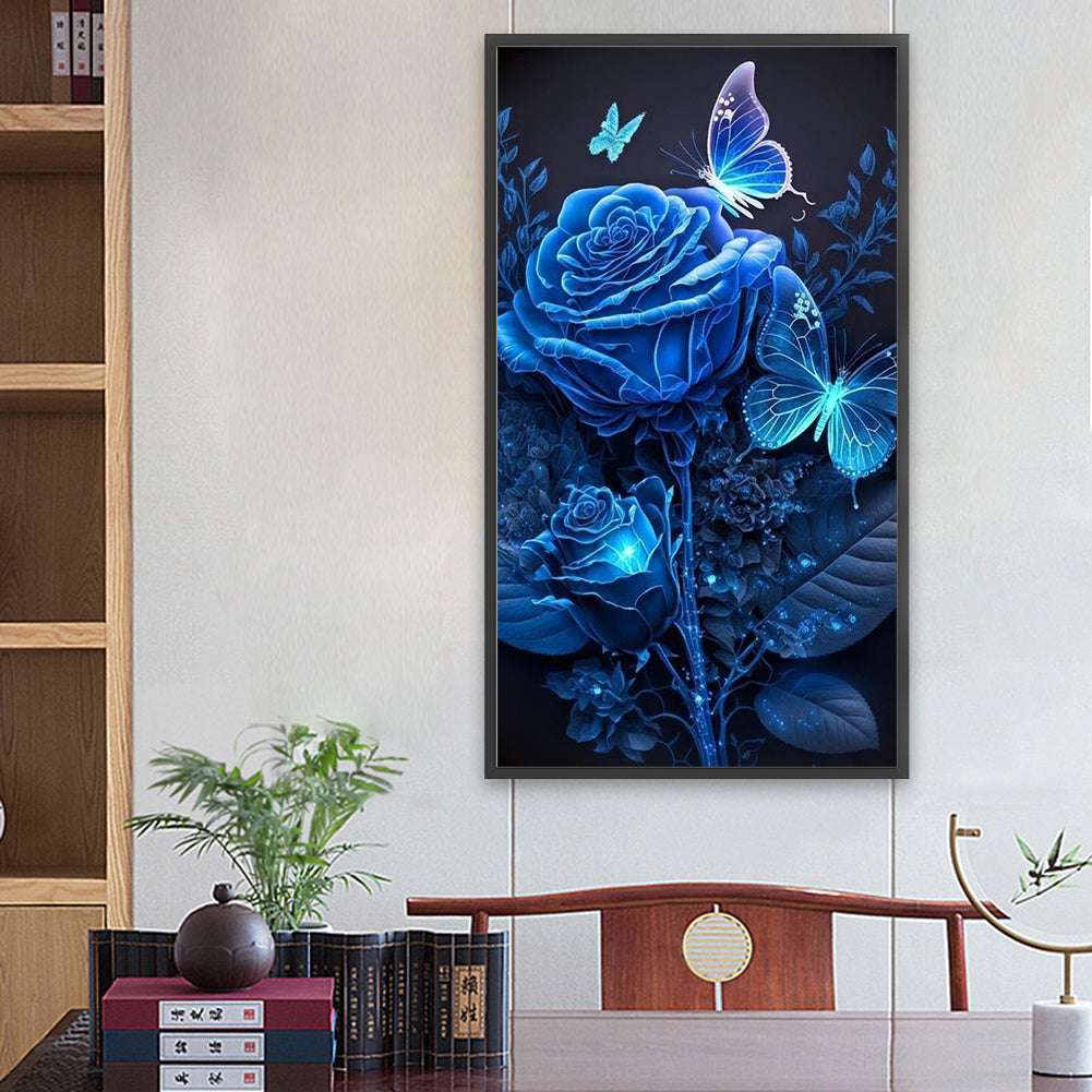 Ice Blue Butterfly Rose - Full Round Drill Diamond Painting 40*70CM