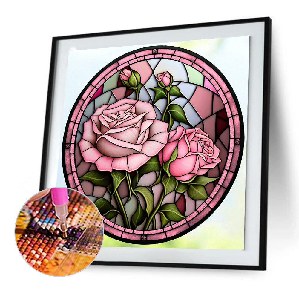 Round Card Glass Powder Rose - Full Round Drill Diamond Painting 30*30CM