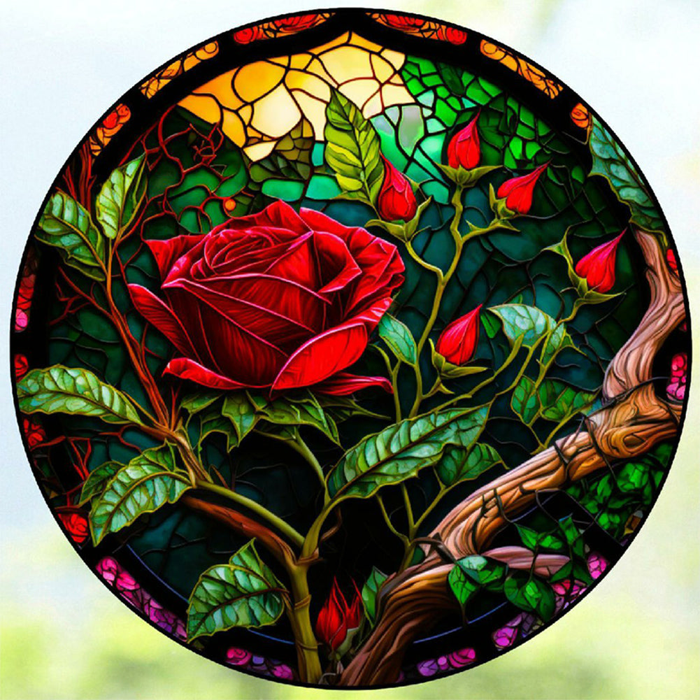 Round Plate Glass Red Rose - Full Round Drill Diamond Painting 30*30CM