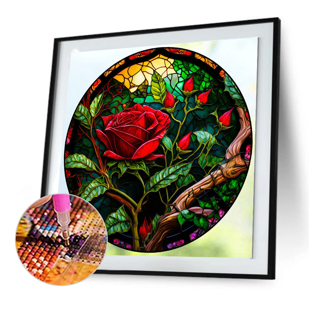 Round Plate Glass Red Rose - Full Round Drill Diamond Painting 30*30CM