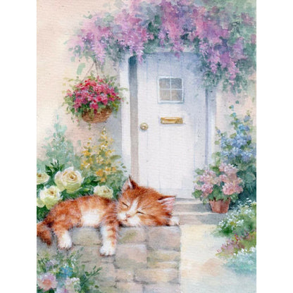 Cat Sleeping In Flowers - Full Round Drill Diamond Painting 30*40CM