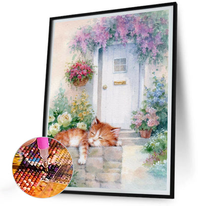 Cat Sleeping In Flowers - Full Round Drill Diamond Painting 30*40CM