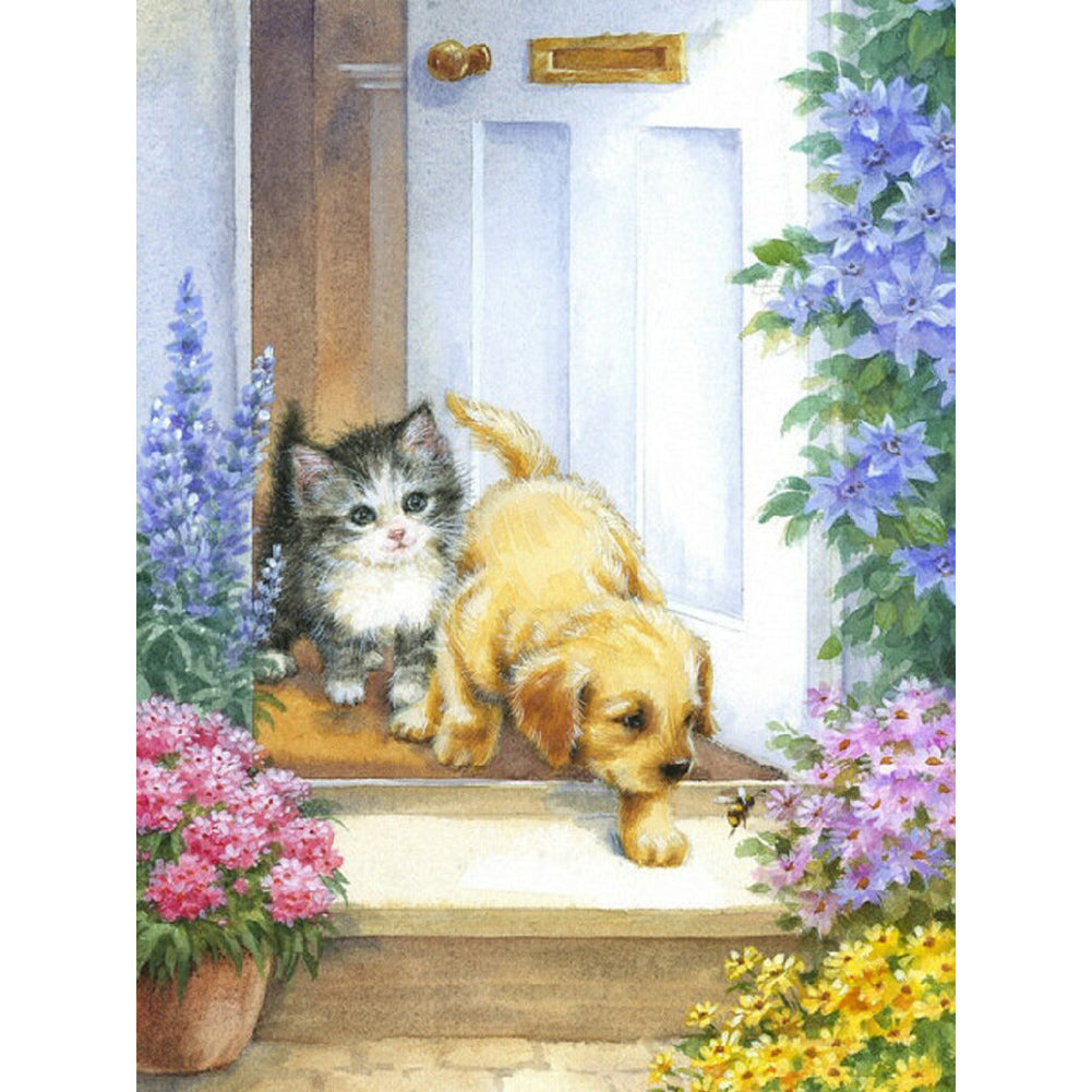 Cat And Dog Beside Flowers - Full Round Drill Diamond Painting 30*40CM