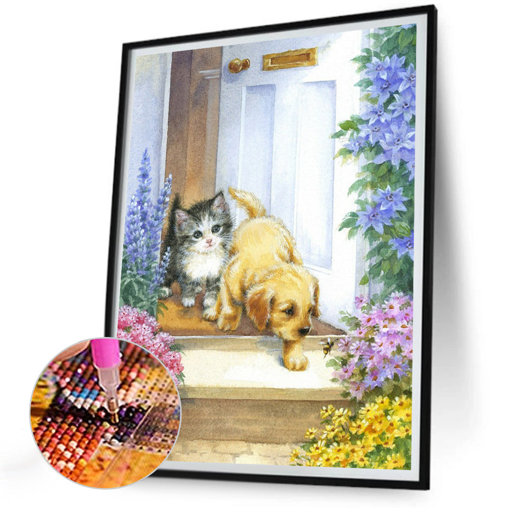 Cat And Dog Beside Flowers - Full Round Drill Diamond Painting 30*40CM