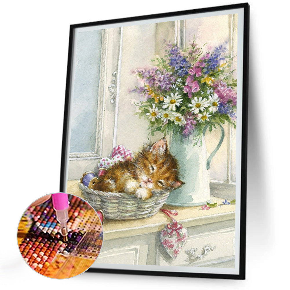 Sleeping Cat In A Wiring Box - Full Round Drill Diamond Painting 30*40CM