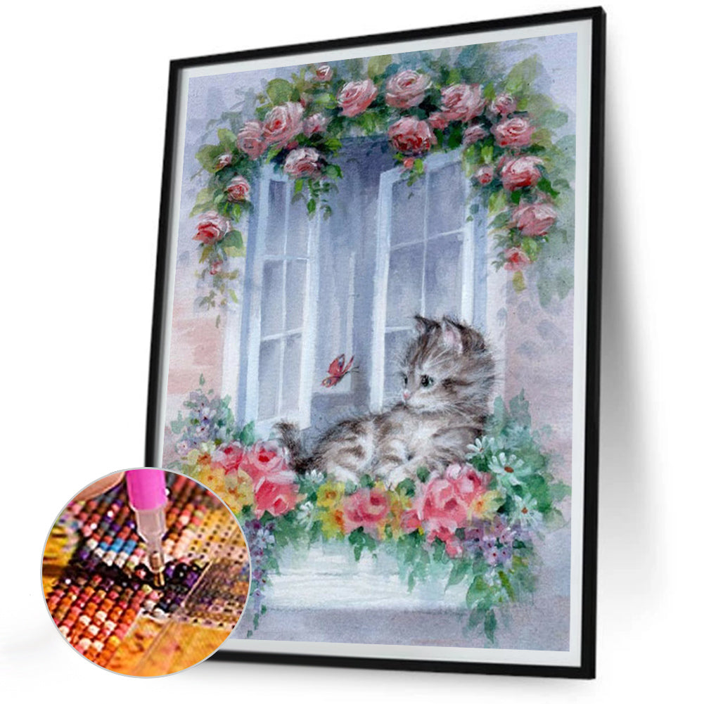 Cat Playing With Butterfly - Full Round Drill Diamond Painting 30*40CM