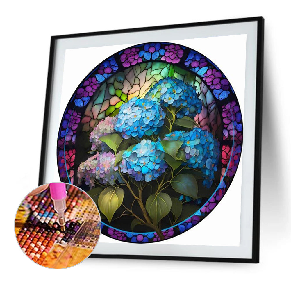 Round Plate Glass Painting Hydrangea - Full Round Drill Diamond Painting 35*35CM