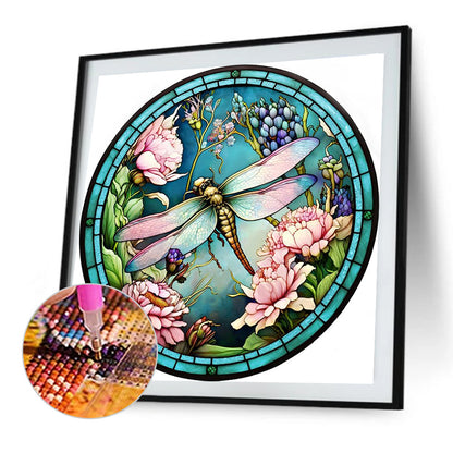 Dragonfly Painted On Round Plate Glass - Full Round Drill Diamond Painting 35*35CM