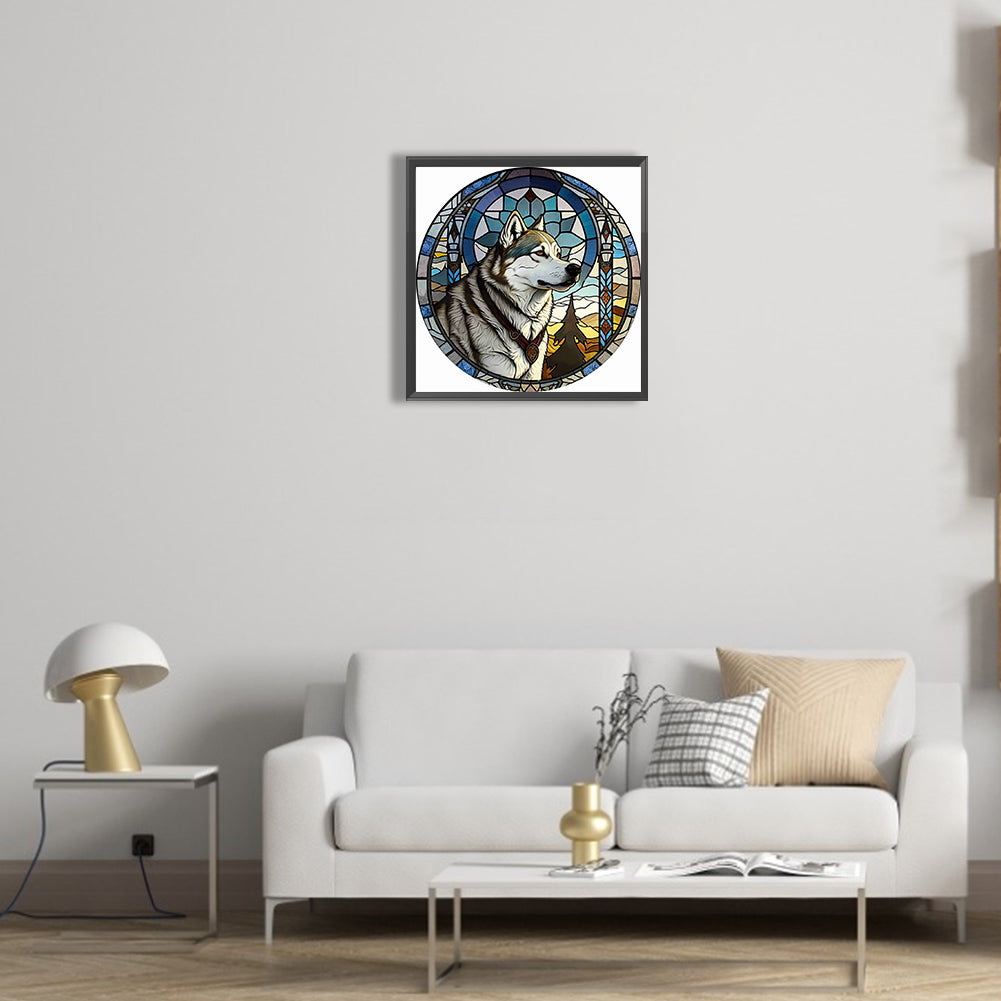 Round Plate Glass Painted Wolf - Full Round Drill Diamond Painting 35*35CM
