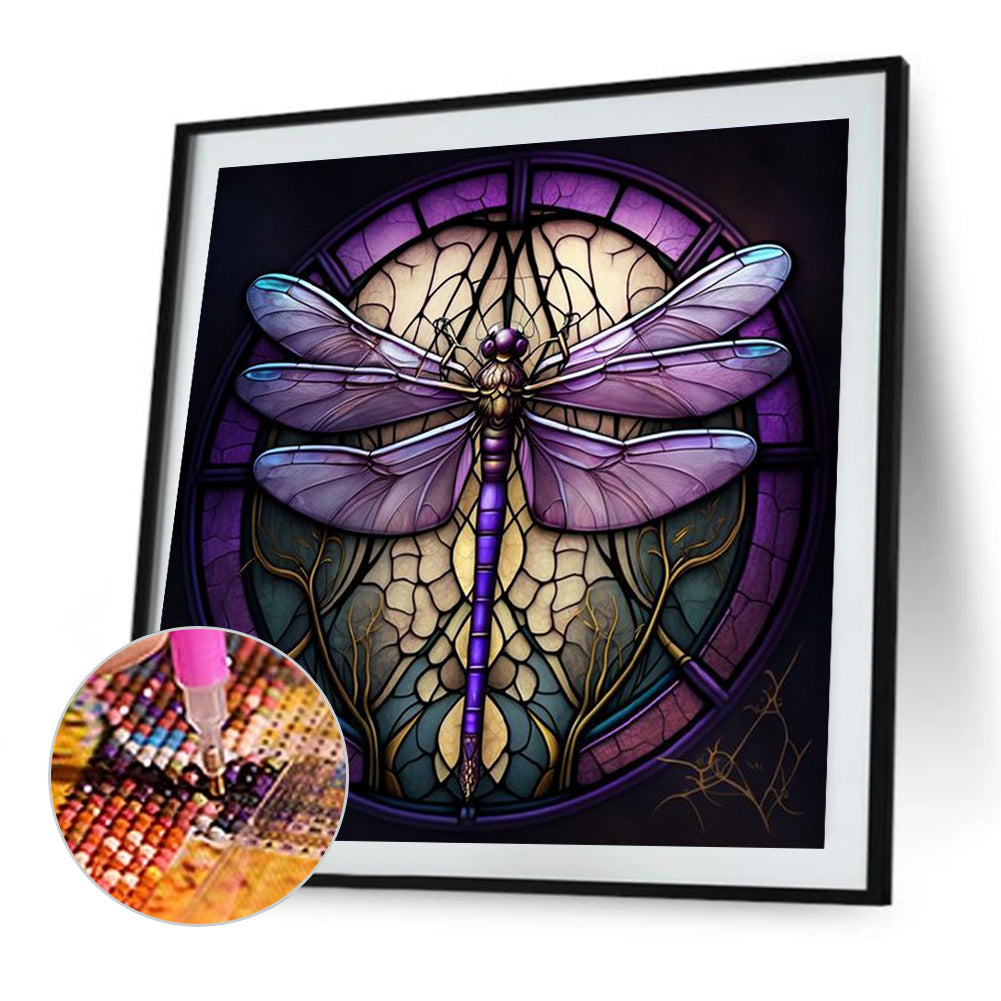 Dragonfly Painted On Round Plate Glass - Full Round Drill Diamond Painting 35*35CM