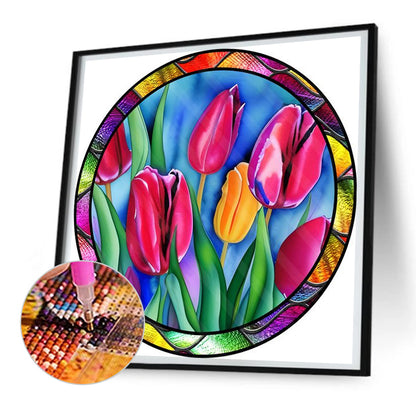 Round Plate Glass Painting Tulips - Full Round Drill Diamond Painting 30*30CM