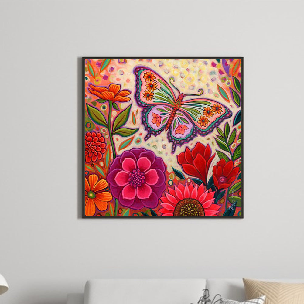 Abstract Flowers And Butterflies - Full Round Drill Diamond Painting 30*30CM