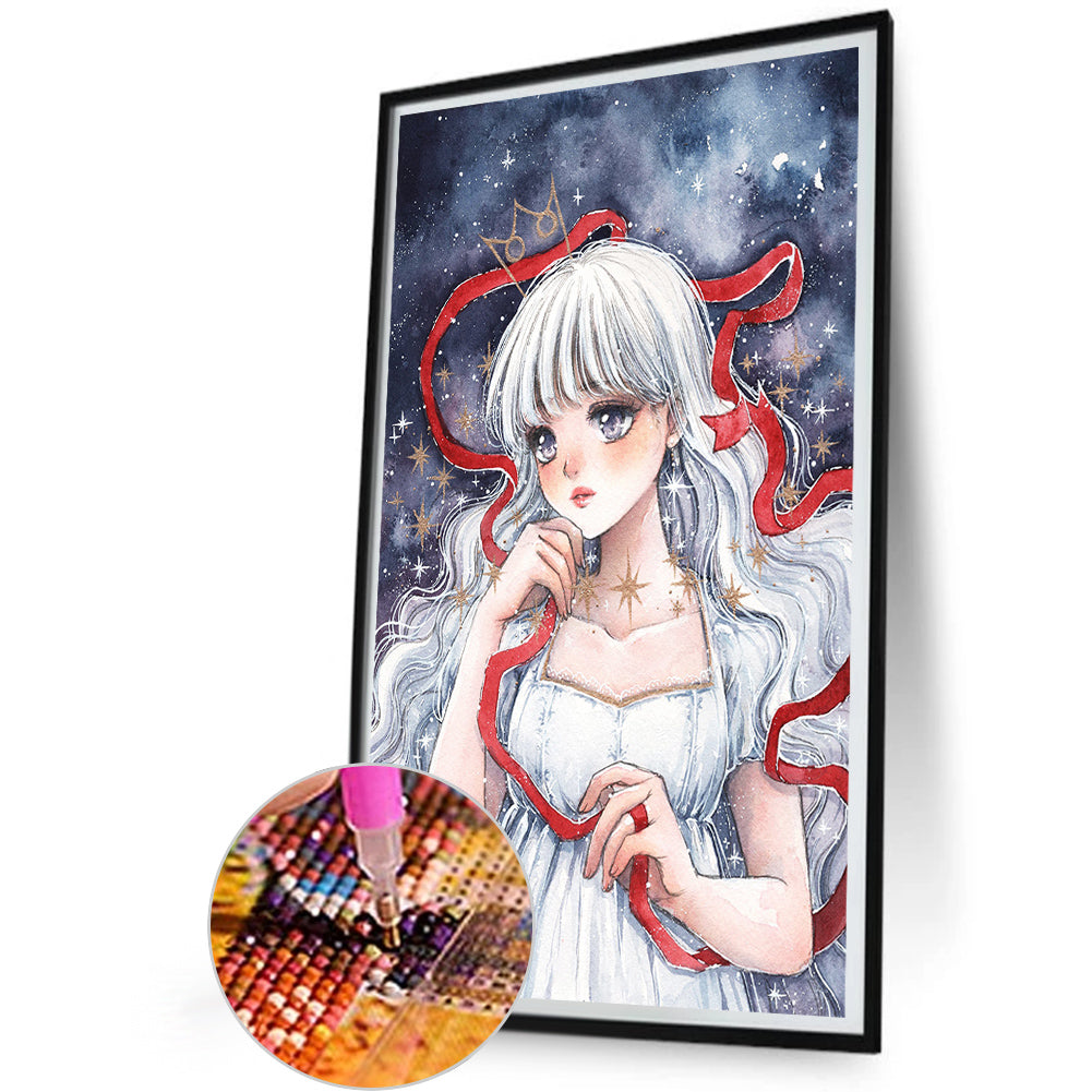 White Hair Red Line Girl - Full Round Drill Diamond Painting 30*50CM