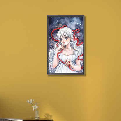 White Hair Red Line Girl - Full Round Drill Diamond Painting 30*50CM