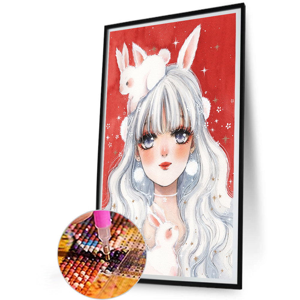 White Hair Bunny Ears Girl - Full Round Drill Diamond Painting 30*50CM